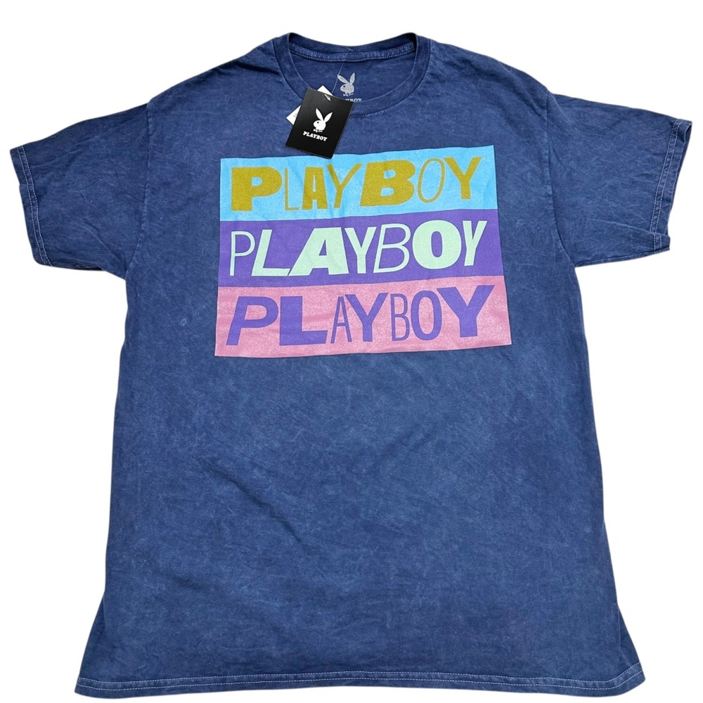 Playboy Womens Size L Blue Mineral Wash Stacked Logo Graphic T-Shirt NWT NEW